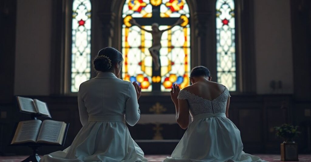 Tradycyjna para katolicka modli się przed krucyfiksem, symbolizując świętość małżeństwa jako sakramentu Bożego