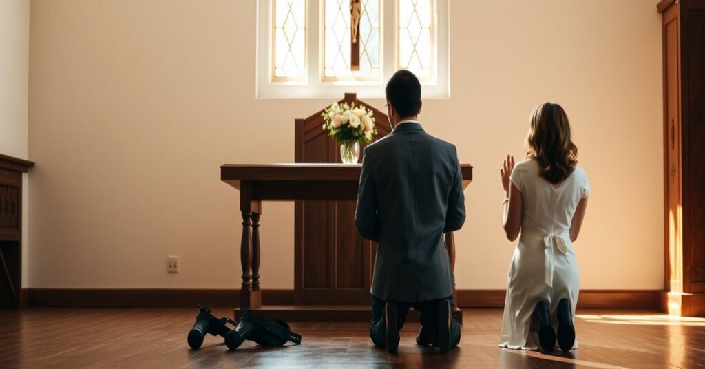 Parę katolicką modlącą się przed ołtarzem w tradycyjnym kościele. Scena podkreśla świętość i trwałość miłości małżeńskiej.