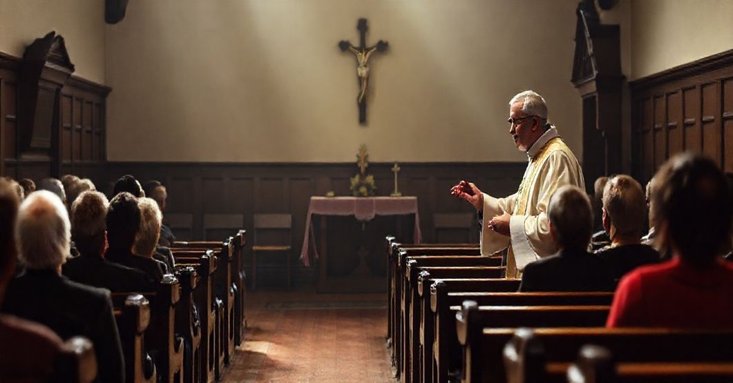 Tradycyjne katolickie sali wykładowej z księdzem w ornaty rozmawiajacy z małą grupą słuchaczy. Scena jest pełna powagi i głębokiego duchowego rozważania.