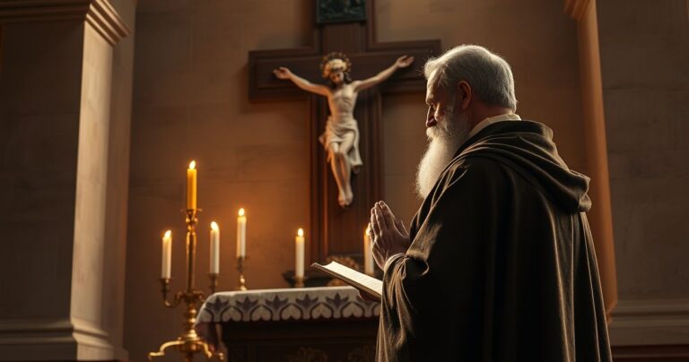 Realistyczny obraz katolicki przedstawiający świętego Augustyna modlącego się przed krzyżem, z elementami liturgicznymi i duchową atmosferą.