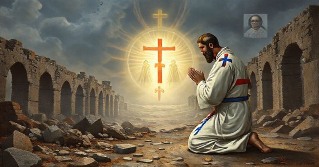 Święty Feliks z Valois w modlitwie przed widzeniem Świętej Trójcy, otoczony ruinami klasztoru, symbolizując upadek prawdziwego życia zakonnego po Soborze Watykańskim II