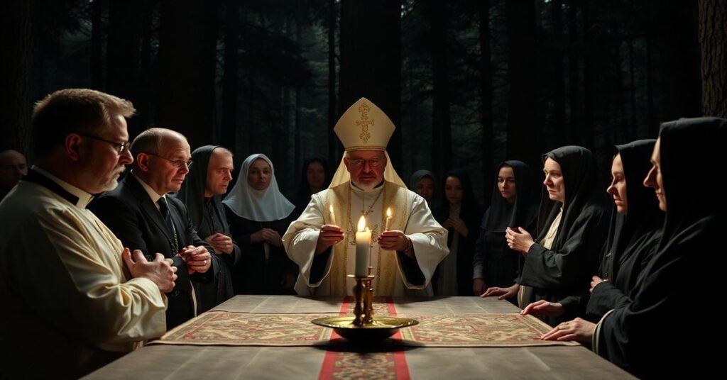 Obraz przedstawiający rzekomą 'dzień skupienia' w Świętym Gaju, gdzie modernistyczni duchowni i osoby konsekrowane uczestniczą w fałszywej Eucharystii pod przewodnictwem 'biskupa elbląskiego'. Według oficjalnej relacji z 24 kwietnia 2026 roku.