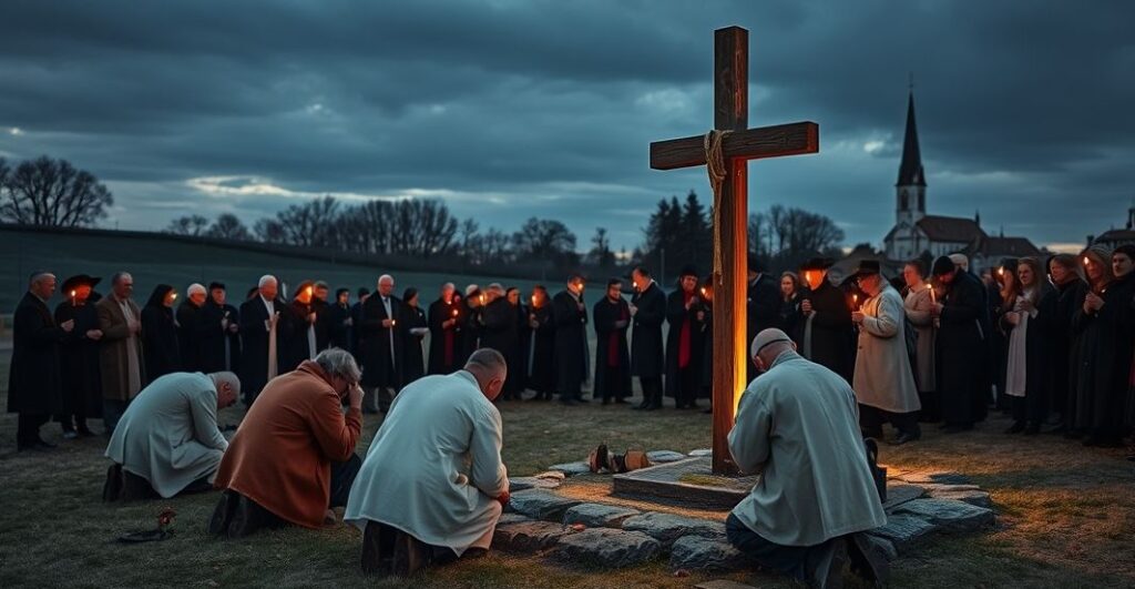 Grupa wiernych modli się u krzyża w Świątym Gaju przy grobie św. Wojciecha, w tradycyjnym katolickim klimacie.