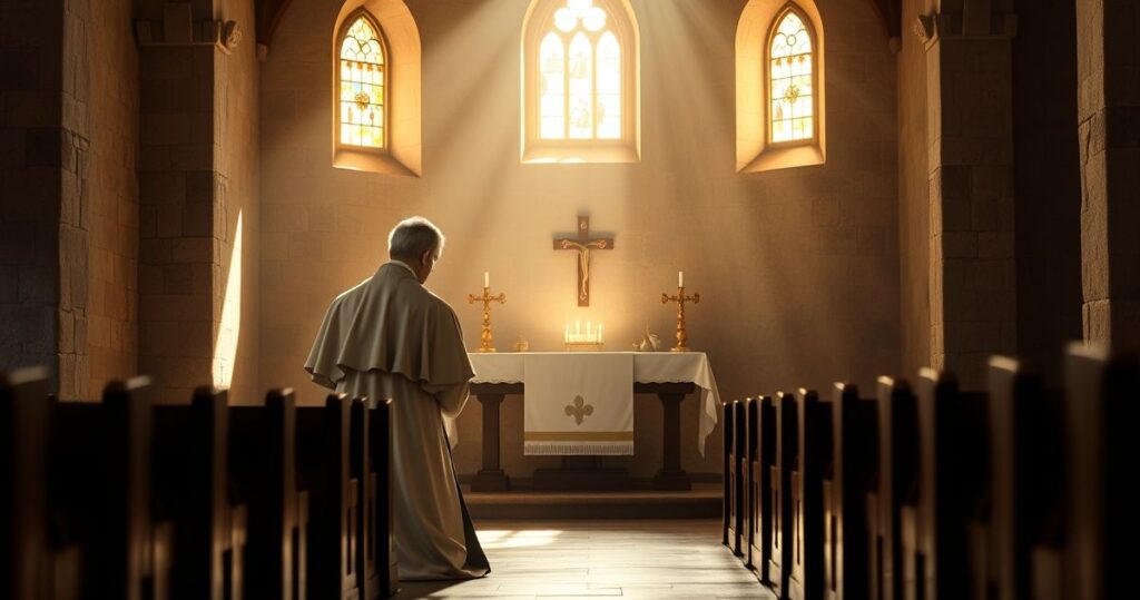 Święty Jan Maria Vianney modli się w skromnym kościele, promieniując pokorą i oddaniem, w tradycyjnych szatach katolickich, z delikatnym światłem padającym na ołtarz.