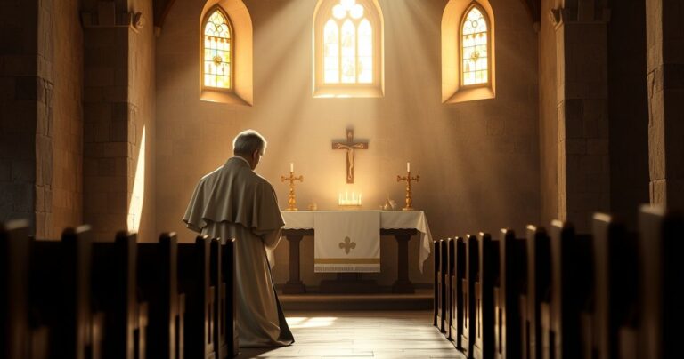 Święty Jan Maria Vianney modli się w skromnym kościele, promieniując pokorą i oddaniem, w tradycyjnych szatach katolickich, z delikatnym światłem padającym na ołtarz.