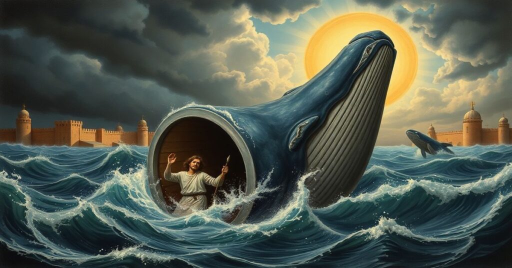Rzeźba świętego Jonasza w wielorybie, przedstawiająca biblijną scenę pod wodą z widocznym światłem boskim i wyrazem groźby Bożej kara za grzechy