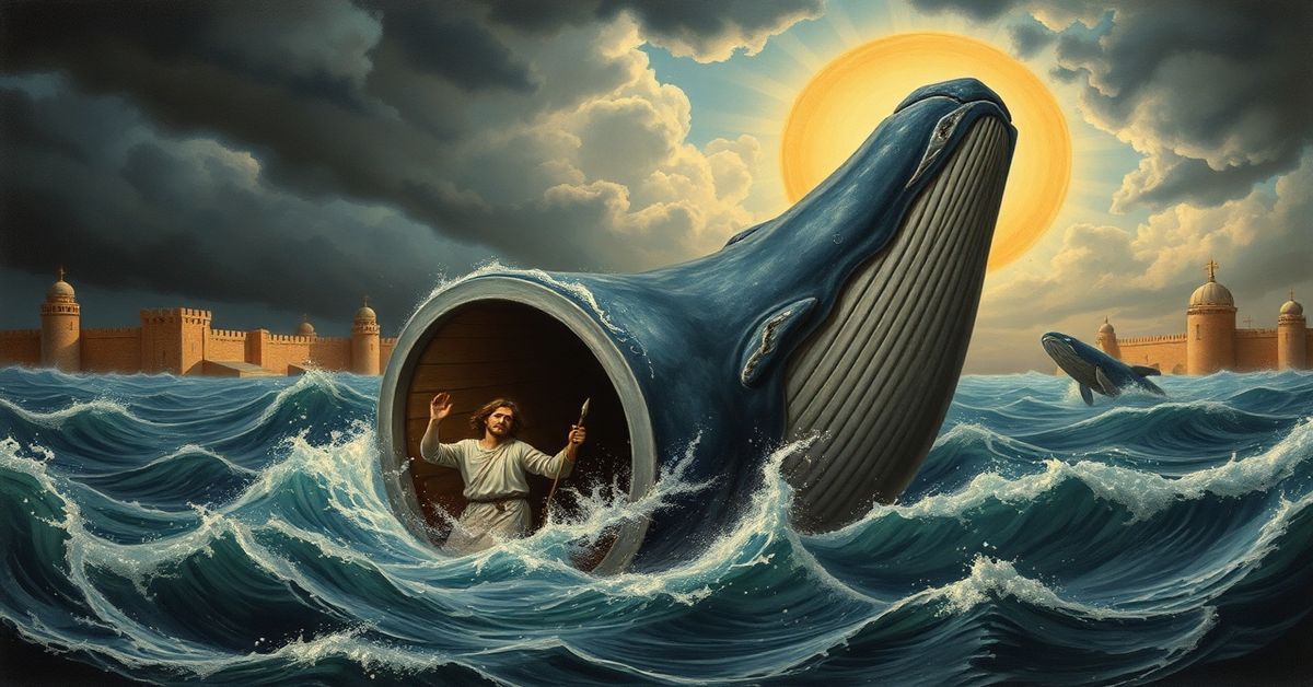 Rzeźba świętego Jonasza w wielorybie, przedstawiająca biblijną scenę pod wodą z widocznym światłem boskim i wyrazem groźby Bożej kara za grzechy