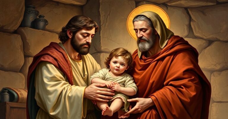 Tradycyjne przedstawienie św. Józefa z Dzieciątkiem i Matką Bożą Maryją w domostwie w Nazarecie, podkreślające jego heroiczne cnoty i rolę opiekuna.