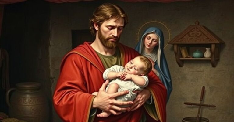 Tradycyjne katolickie przedstawienie Świętego Józefa z Dzieciątkiem Jezus w modnej scenografii