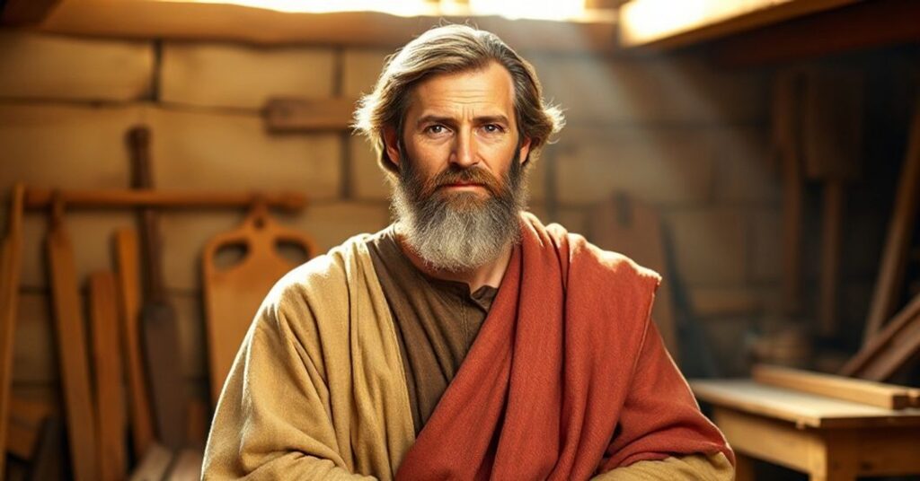 Święty Józef w tradycyjnym katolickim wizerunku, pracujący w warsztacie, otoczony ciepłym światłem. Wyraz jego twarzy odzwierciedla boską posłuszeństwo.