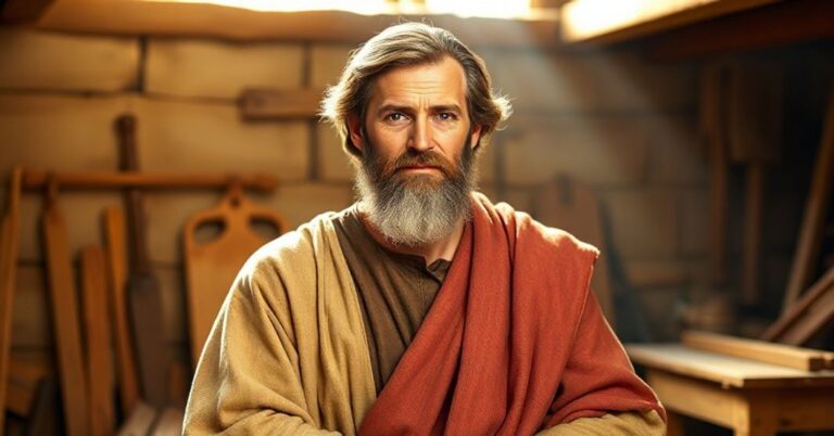 Święty Józef w tradycyjnym katolickim wizerunku, pracujący w warsztacie, otoczony ciepłym światłem. Wyraz jego twarzy odzwierciedla boską posłuszeństwo.