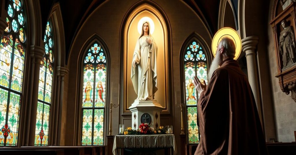 Święty Kazimierz modli się przed obrazem Matki Bożej w tradycyjnej polskiej kaplicy gotyckiej
