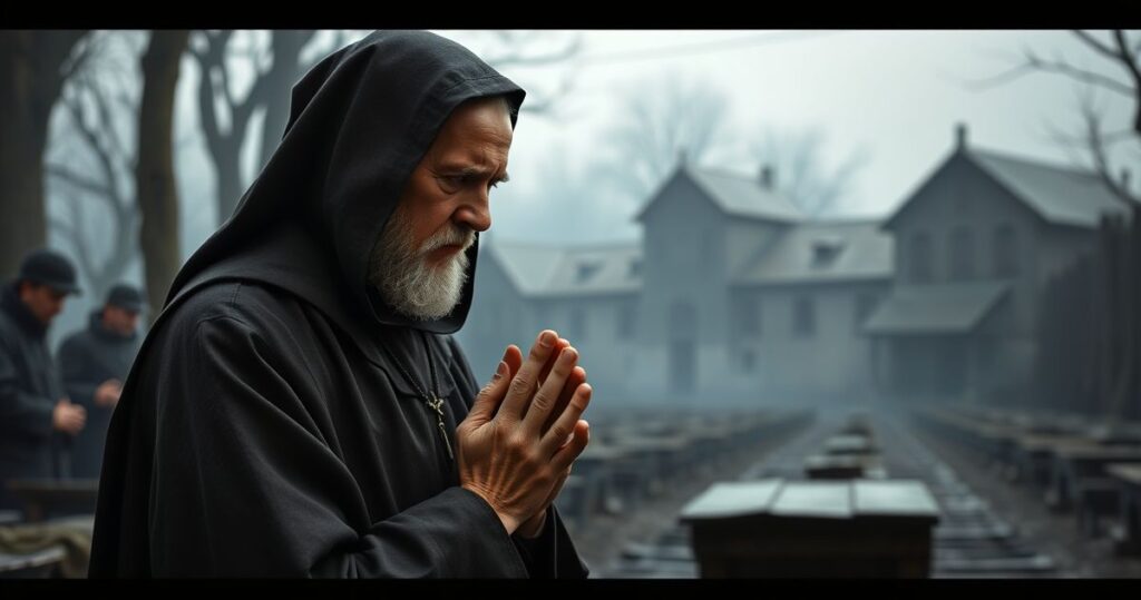 Realistyczny obraz katolickiego świętego Maksymiliana Kolbego modlącego się w Auschwitz, ukazujący pokorę, ofiarę i głęboką religijność w tradycyjnej atmosferze.