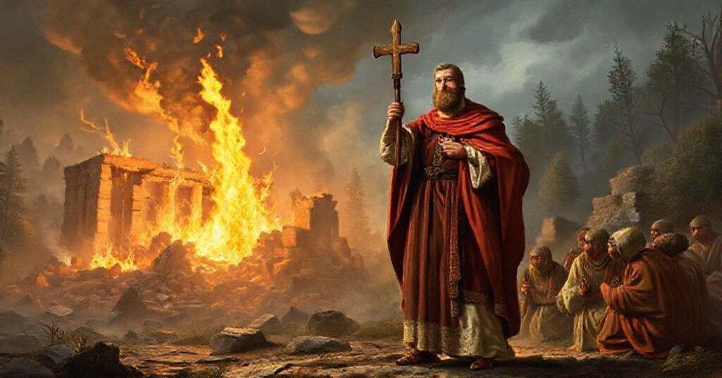 Święty Marcin z Tours stoi przed zniszczonym pogańskim świątyniem, trzymając krzyż i płaszcz podzielony z ubogim