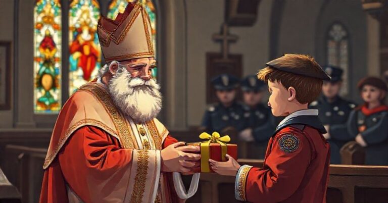 Tradycyjny obraz świętego Mikołaja w biskupskich szatach rozdającego podarki dziecku w kościelnym wnętrzu z witrażami.