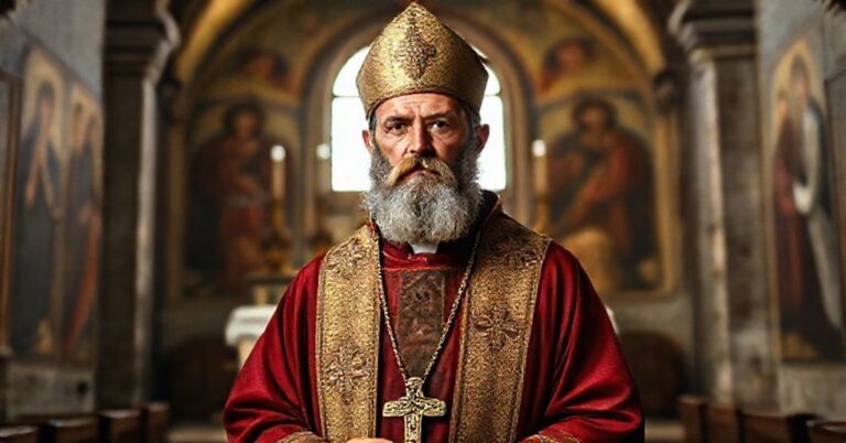 Poważny portret świętego Mikołaja z Miry w biskupich szatach stojącego przed starym ołtarzem w tradycyjnym kościele katolickim