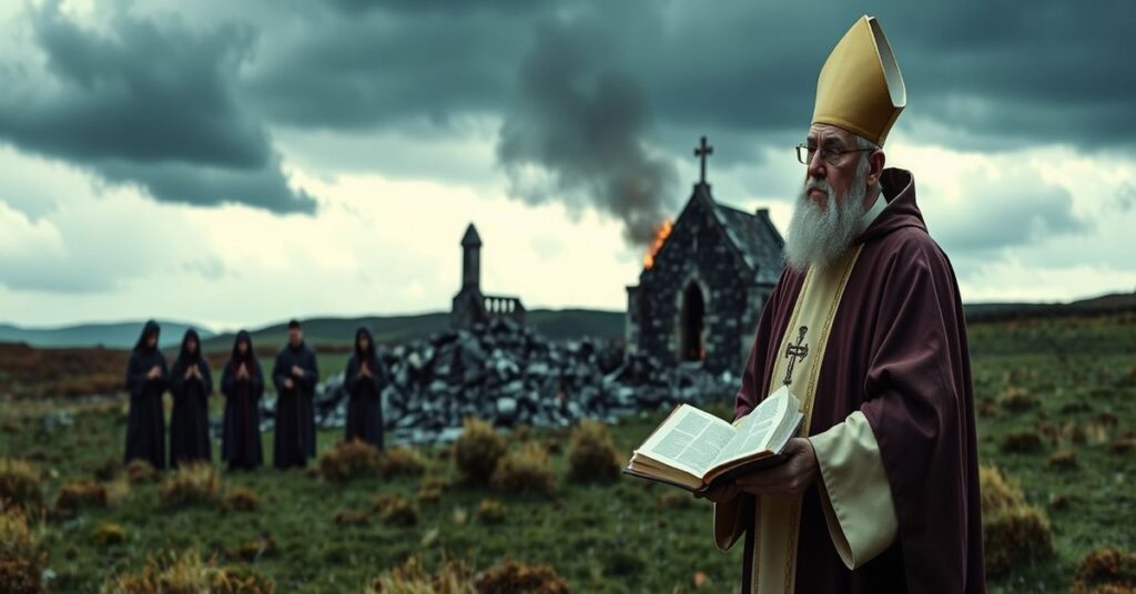 Święty Patryk w tradycyjnym stroju biskupim modli się w górach irlandzkich podczas burzy