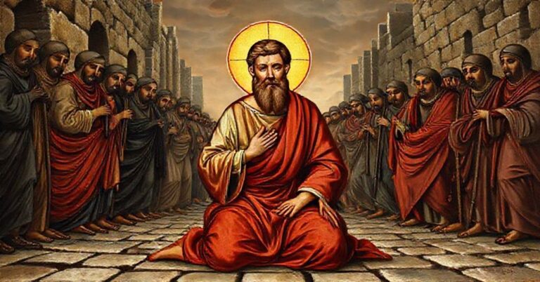 Święty Szczepan męczennik modlący się przed prześladowcami