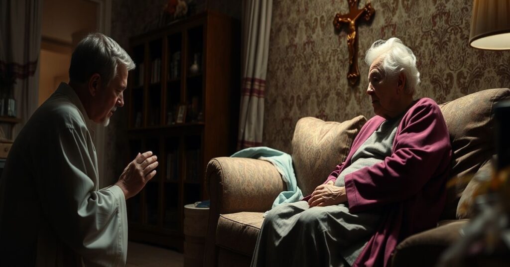 Scena ze Świętego Tygodnia przedstawiająca staruszka z demencją i staruszka w złym stanie zdrowotnym w domu. Syn lub opiekun modli się obok nich bez widocznych sakramentów katolickich.