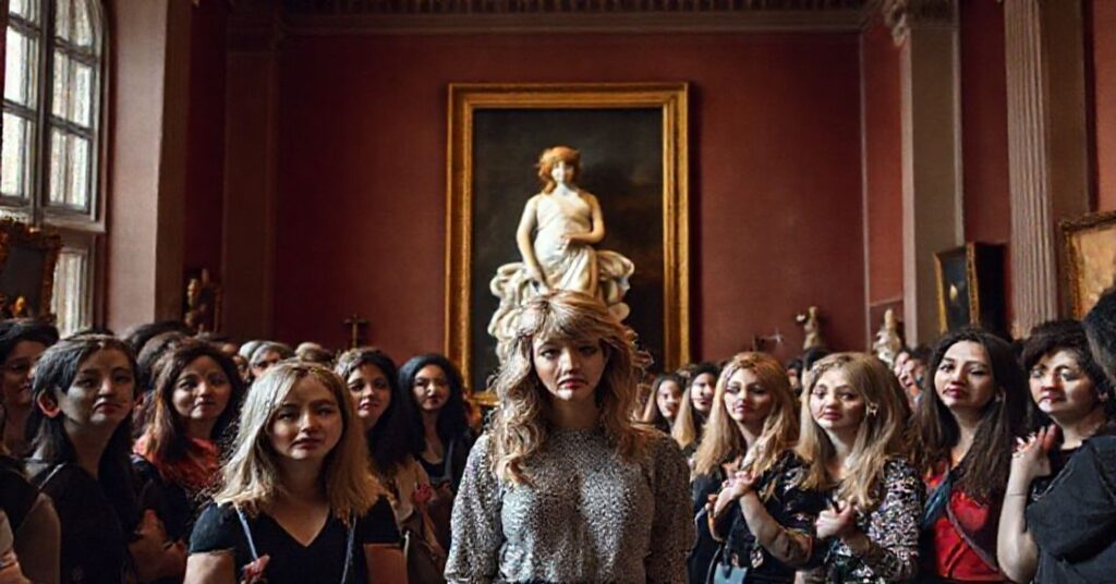 Grupa fanów Taylor Swift w muzeum przed reprodukcją obrazu 'Ofelia' Friedricha Heysera, kontrastujące święte piękno sztuki z profanacją popkultury.