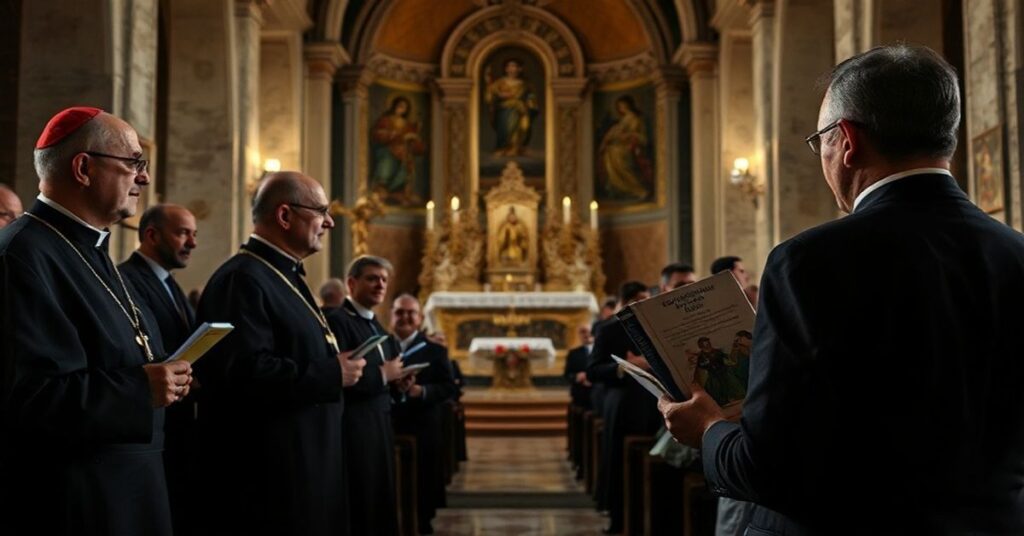 Wnętrze kościoła w Palermo w trakcie spotkania biskupów sycylijskich z grupami LGBT, ukazujące apostazję od nauki katolickiej.