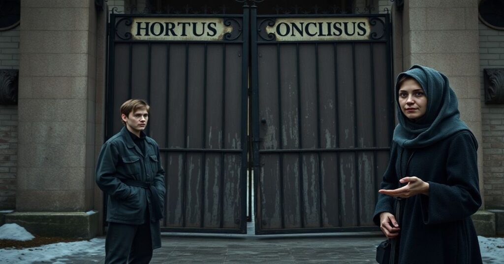 Młody człowiek przed bramą profanowanego klasztoru na Sycylii jako symbol apostazji współczesnych zakonów