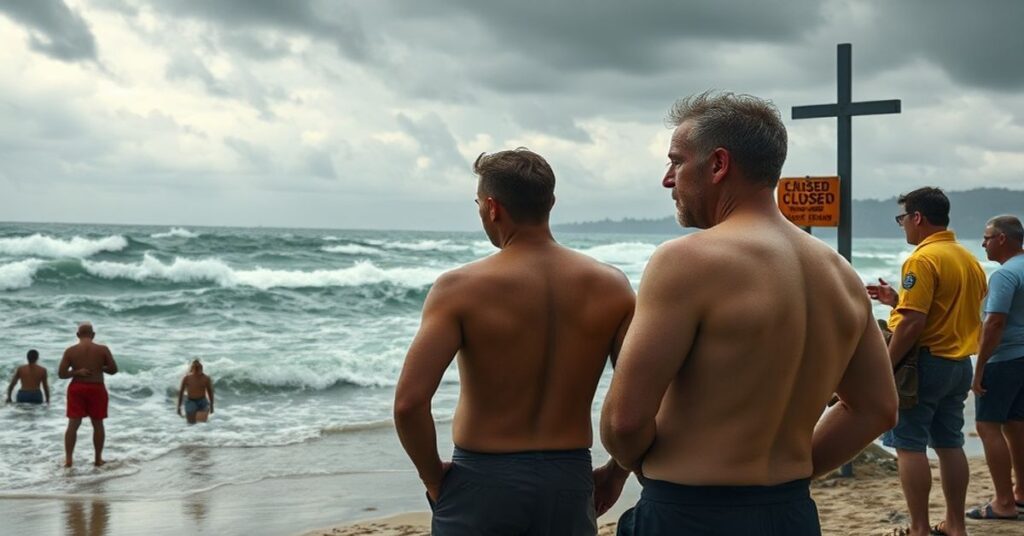 Dramatyczny widok plaż w Sydney po atakach rekinów – grupa przerażonych mieszkańców i ratowników patrzy na burzliwe morze.