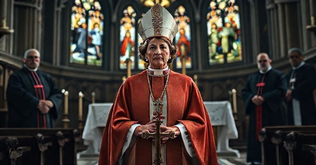 Zdjęcie przedstawiające kobiecą "arcybiskupkę" anglikańską w pełnym stroju liturgicznym przed nowoczesnym ołtarzem w katedrze.