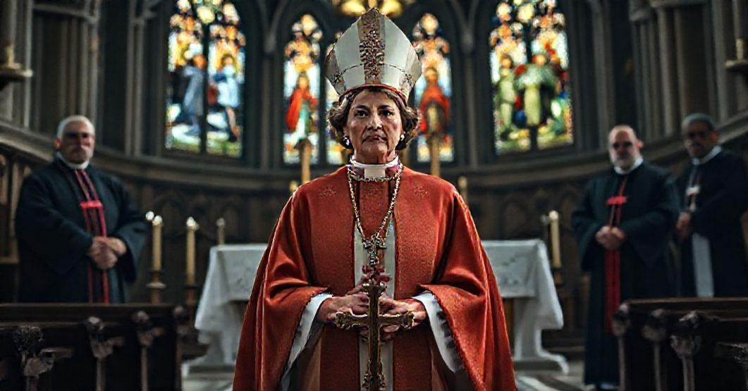 Zdjęcie przedstawiające kobiecą "arcybiskupkę" anglikańską w pełnym stroju liturgicznym przed nowoczesnym ołtarzem w katedrze.