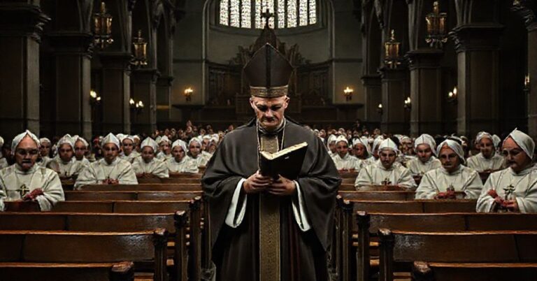 Wnętrze tradycyjnego kościoła katolickiego z biskupami modlącymi się pod prymasem w otoczeniu opustłych ławek, symbolizujące upadek niemieckiego katolicyzmu.