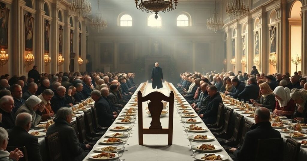 Uroczysta wigilia katolicka w dużej sali z długim stołem ustawionym na tradycyjne polskie dania świąteczne. Na tle samotna postać symbolizuje duchową pustkę w humanistycznej caritas.