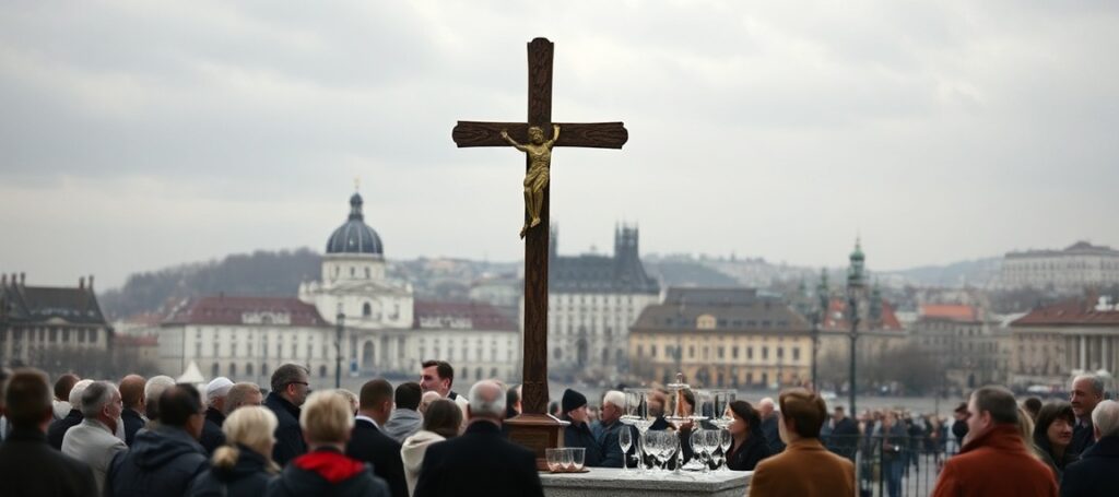 Symboliczny krzyż pojednania na Białej Górze w Pradze z katolickimi i protestanckimi liderami podczas ekumenicznej modlitwy