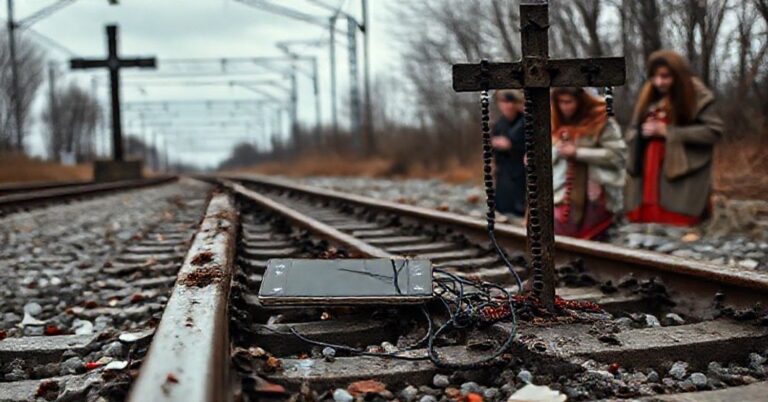 Obraz przedstawiający zniszczony odcinek kolejowy z sabotażem i krzyżem w tle jako symbol duchowego kryzysu w Polsce.