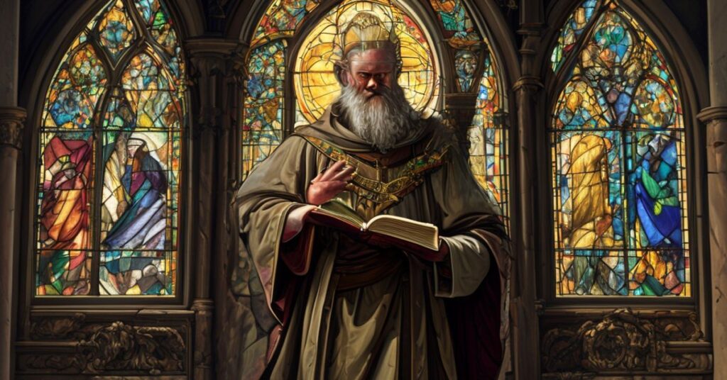 Katolicki teolog przed katedrą, studiując symbole wiary w kontekście postmodernizmu