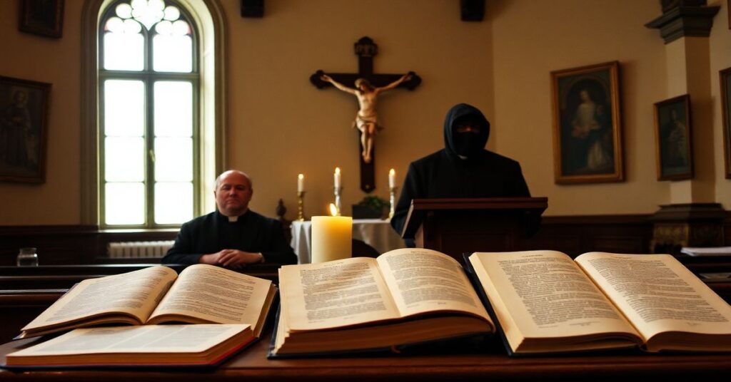 Obraz przedstawiający wnętrze kaplicy na KUL w Lublinie podczas sympozjum poświęconego Edycie Stein, z akcentem na tradycyjną katolicką szacunek i krytykę modernizmu.