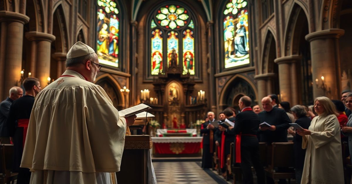Scena w katedrze kieleckiej podczas sympozjum o Dilexit te, ukazująca konflikt między tradycją katolicką a modernizmem