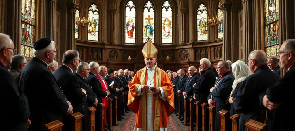 Zdjęcie przedstawiające sympozjum poświęcone biskupowi Franciszkowi Jopowi w katedrze sandomierskiej. Scena jest poważna i pełna wiary.