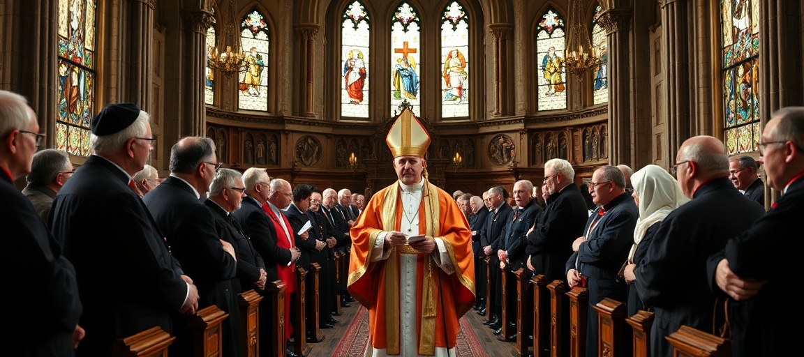 Zdjęcie przedstawiające sympozjum poświęcone biskupowi Franciszkowi Jopowi w katedrze sandomierskiej. Scena jest poważna i pełna wiary.