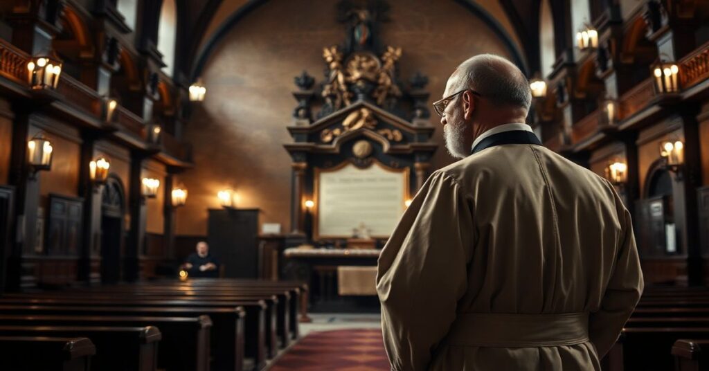 Wnętrze synagogi żydowskiej w Rzymie z katolickim księdzem w pełnym ornaty stojącym w refleksji.