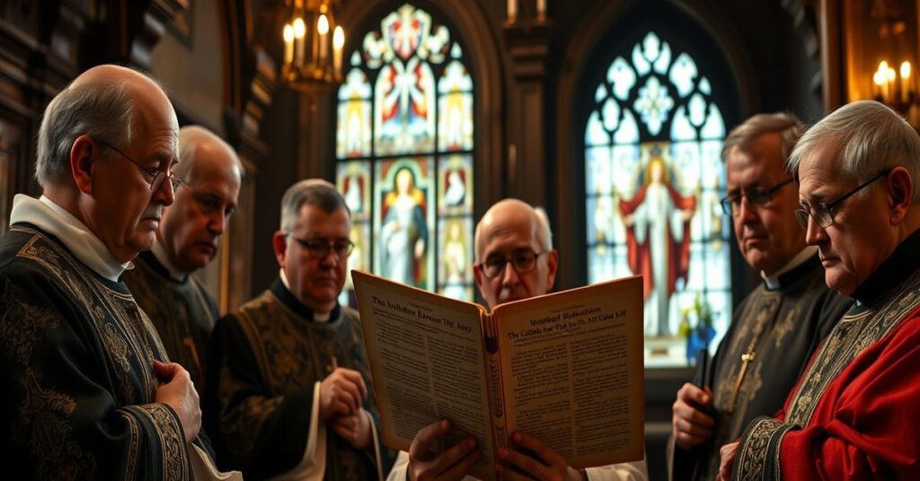 Tradycyjny wnętrze kościoła z grupą duchownych czytających Syllabus Errorum Piusa IX, tło z koncertem Mesjasza