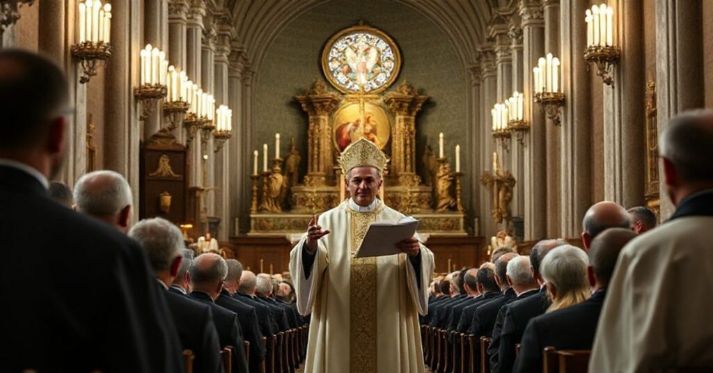Solemne zdjęcie celebracji mszy św. w kościele św. Andrzeja na Kwirynale w Rzymie, przedstawiające nowomodernistyczną instrumentaryzację świętego Stanisława Kostki.