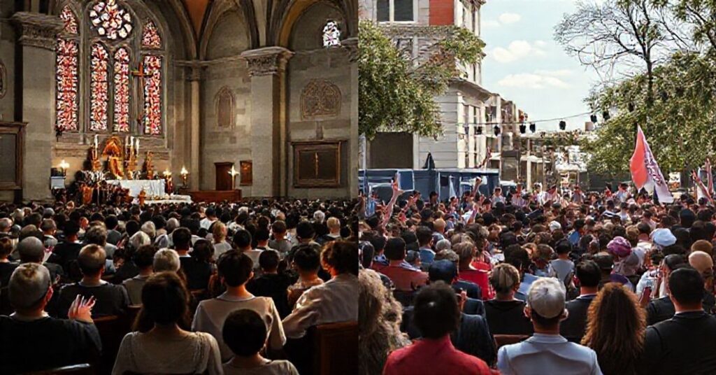 Obraz przedstawia tradycyjną katolicką mszę świętą w historycznym kościele z młodymi wiernymi modlącymi się na tle kontrastującego zewnętrznego wydarzenia świeckiego z udziałem influencerów i celebrytów.