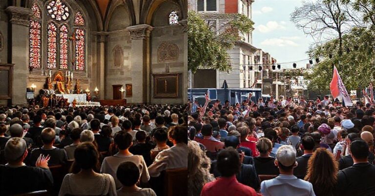 Obraz przedstawia tradycyjną katolicką mszę świętą w historycznym kościele z młodymi wiernymi modlącymi się na tle kontrastującego zewnętrznego wydarzenia świeckiego z udziałem influencerów i celebrytów.