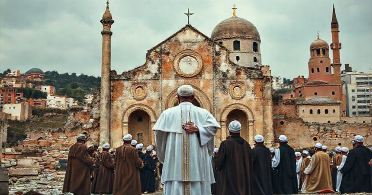 Obraz przedstawiający kontrowersyjne pielgrzymki anty-papieża do Turcji i Libanu, ukazujący ruiny bazyliki i ekumeniczne spotkania z muzułmańskimi przywódcami.