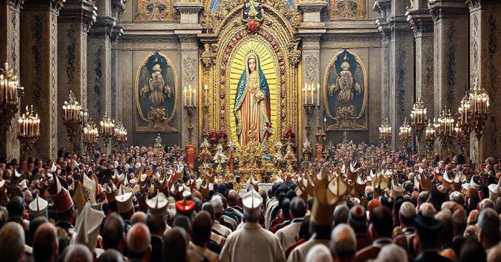 Grupa wiernych i duchownych podczas pielgrzymki do greckokatolickiego sanktuarium Matki Bożej w Jarosławiu