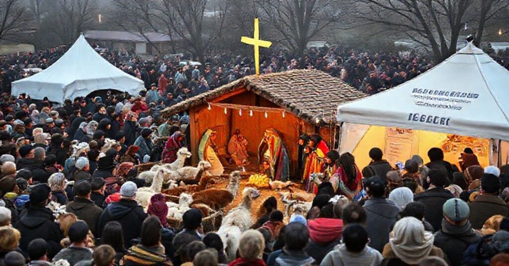 Tradycyjna scenografia szopki bożonarodzeniowej w Krakowie zostaje zdegradowana do poziomu atrakcji turystycznej z żywymi zwierzętami i folklorystycznymi widowiskami