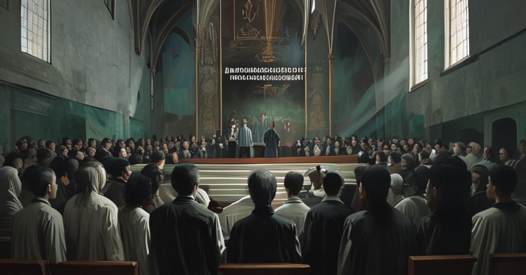 Młodzi ludzie w kościele podczas synkretycznego wydarzenia w Korei