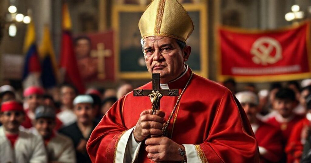 Ksiądz w stroju liturgicznym przed tłumem z krzyżem, w tle symbole reżimu Maduro