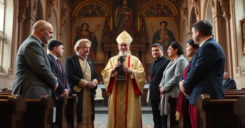 Ceremonia wręczenia statuetki "Honorowego Zasłużonego dla Regionu Małopolskiego NSZZ Solidarność" fałszywemu biskupowi w kościele św. Bernardyna w Krakowie.