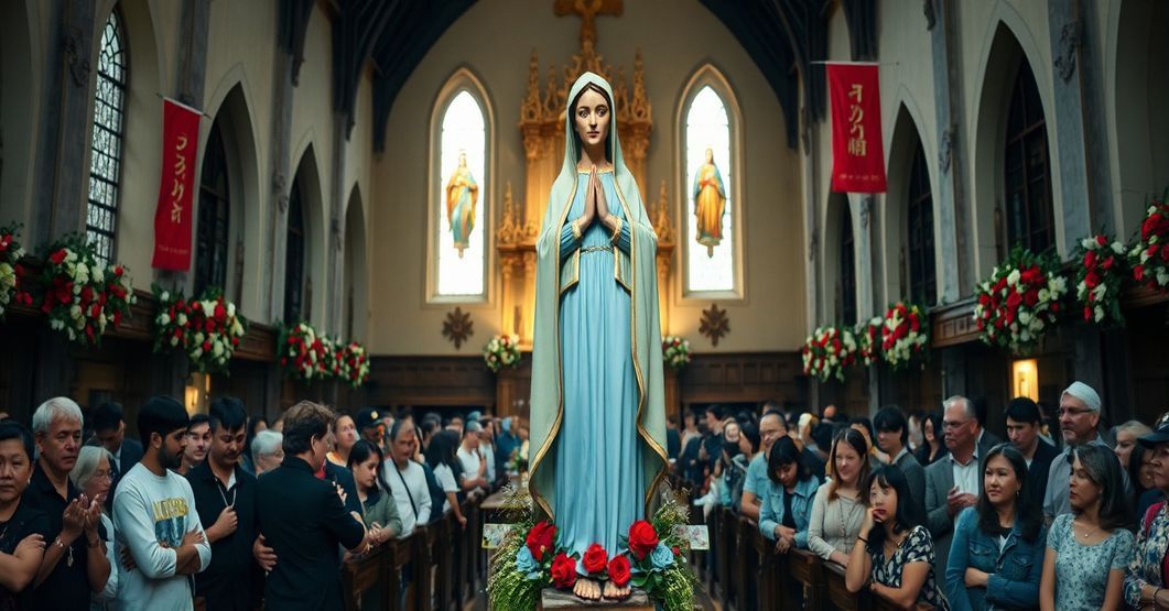 Wizerunek przedstawia groteskową drewnianą figurę rzekomej "Matki Bożej Saletyńskiej" w rzeszowskim "sanktuarium", otoczoną modernistycznymi dekoracjami i ludźmi w nowoczesnych strojach. Scena symbolizuje synkretyzm religijny i odchodzenie od katolickiej tradycji.